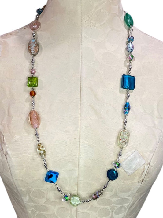 Premier Designs Murano Foil Beaded Necklace Multicolor Silvertone 33-36"