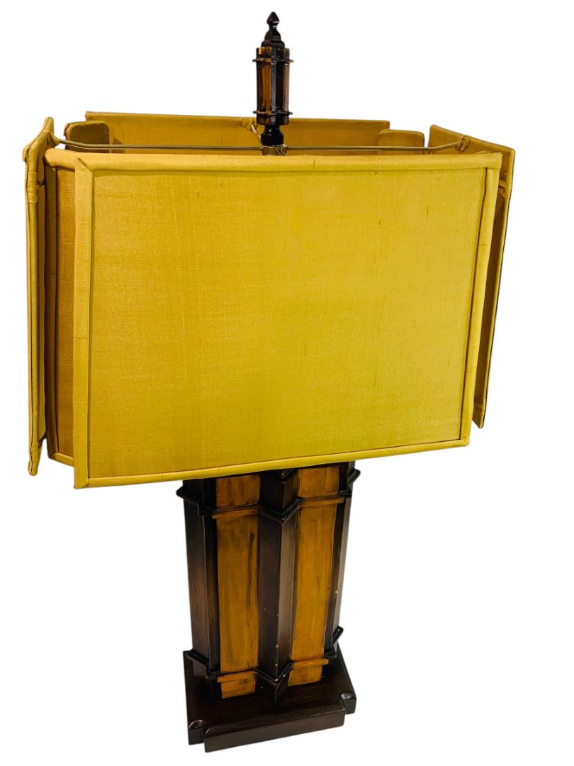 Midcentury Heavy Wooden Table Lamp and Shade Works Well