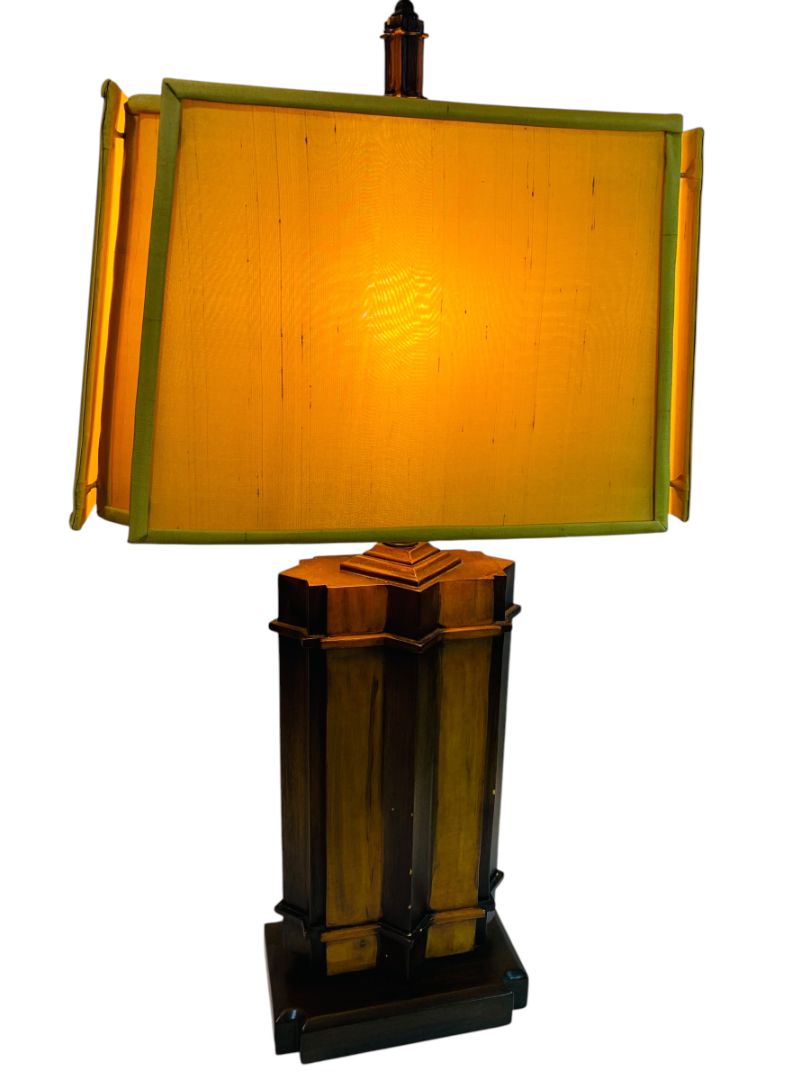 Midcentury Heavy Wooden Table Lamp and Shade Works Well