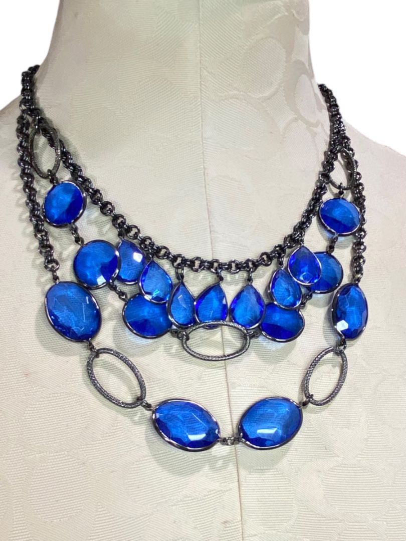 Pewter Color and Blue Tiered Statement Necklace 18-22"