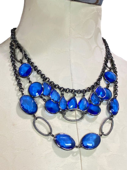 Pewter Color and Blue Tiered Statement Necklace 18-22"