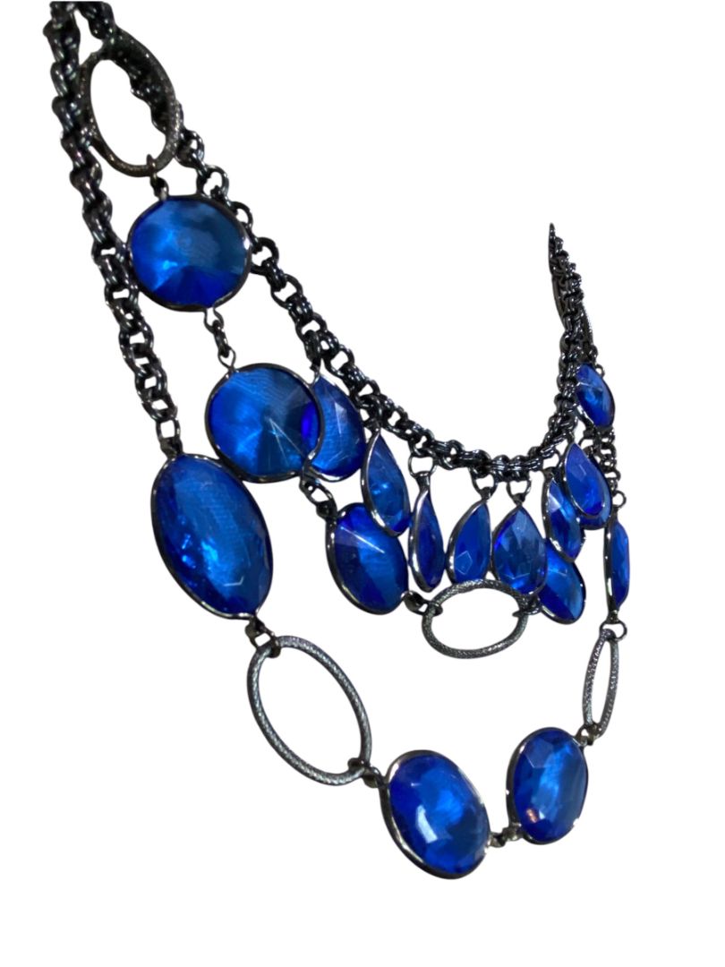 Pewter Color and Blue Tiered Statement Necklace 18-22"