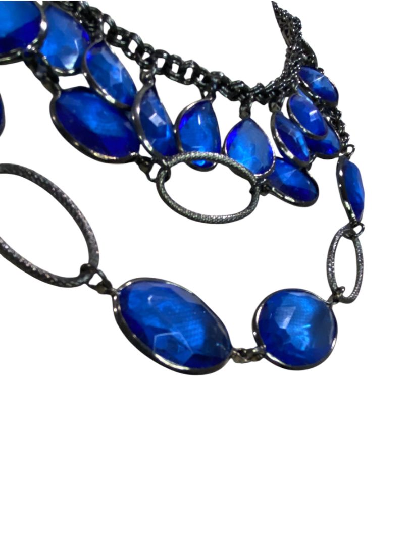 Pewter Color and Blue Tiered Statement Necklace 18-22"