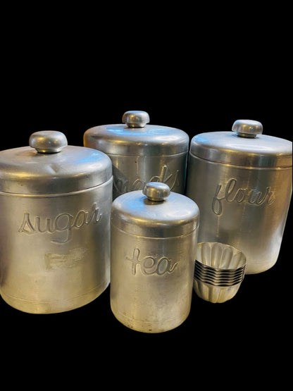 Vintage Brushed Aluminum Canister Set 4pc Flour Sugar Snacks Tea & Tart Molds