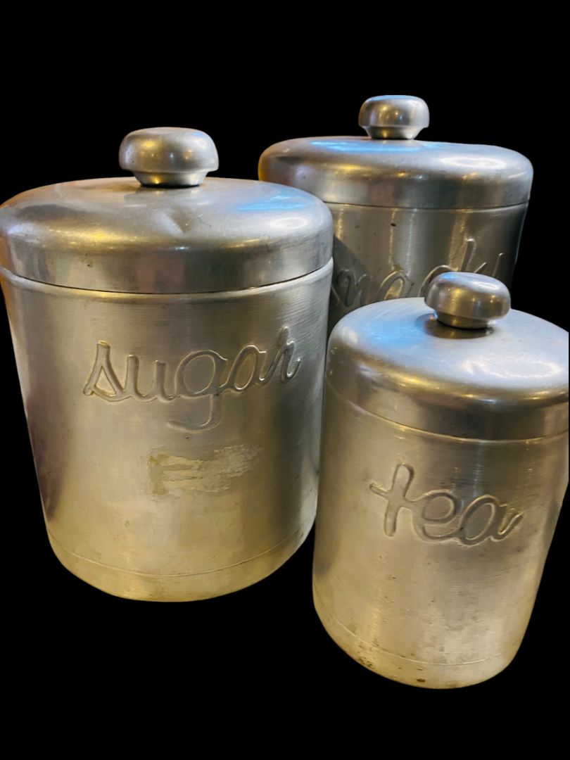 Vintage Brushed Aluminum Canister Set 4pc Flour Sugar Snacks Tea & Tart Molds