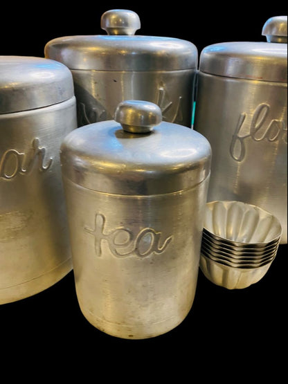 Vintage Brushed Aluminum Canister Set 4pc Flour Sugar Snacks Tea & Tart Molds