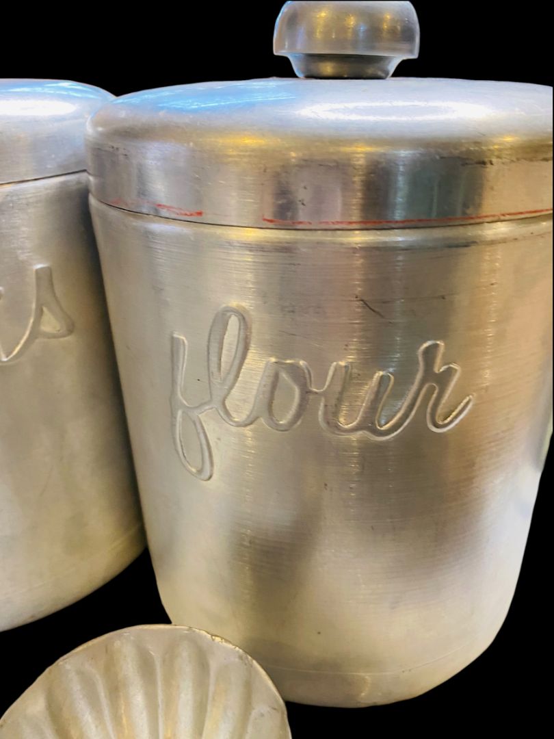 Vintage Brushed Aluminum Canister Set 4pc Flour Sugar Snacks Tea & Tart Molds