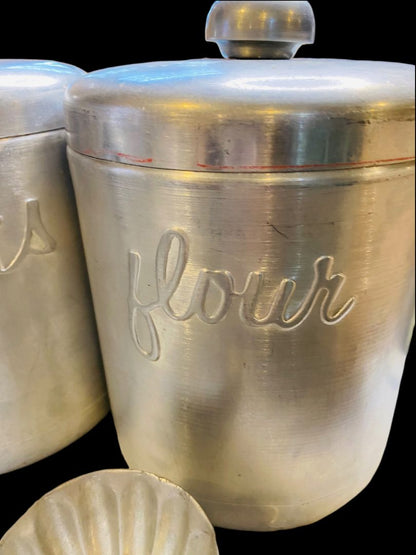 Vintage Brushed Aluminum Canister Set 4pc Flour Sugar Snacks Tea & Tart Molds