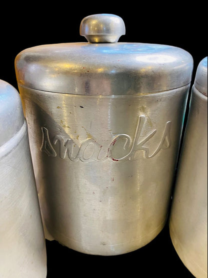 Vintage Brushed Aluminum Canister Set 4pc Flour Sugar Snacks Tea & Tart Molds