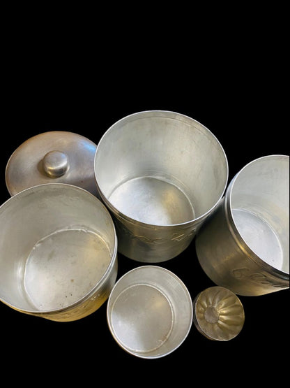 Vintage Brushed Aluminum Canister Set 4pc Flour Sugar Snacks Tea & Tart Molds