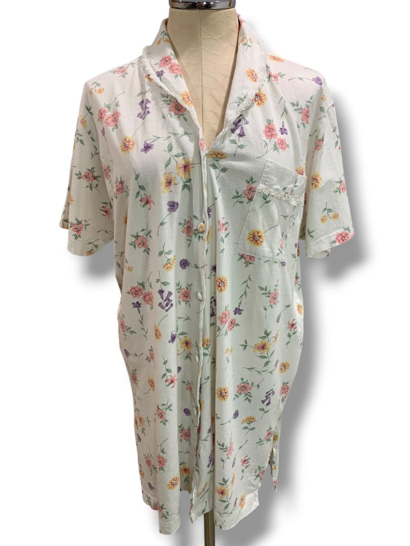 Large Bali Womens Button Up Sleep Shirt Nightgown Floral Cotton