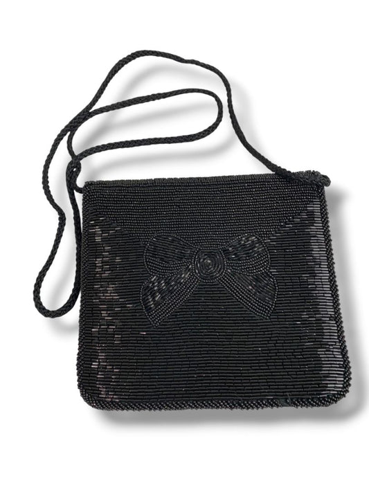 Andre Cellini Black Evening Bag Shoulder Strap Beaded Flap Satin