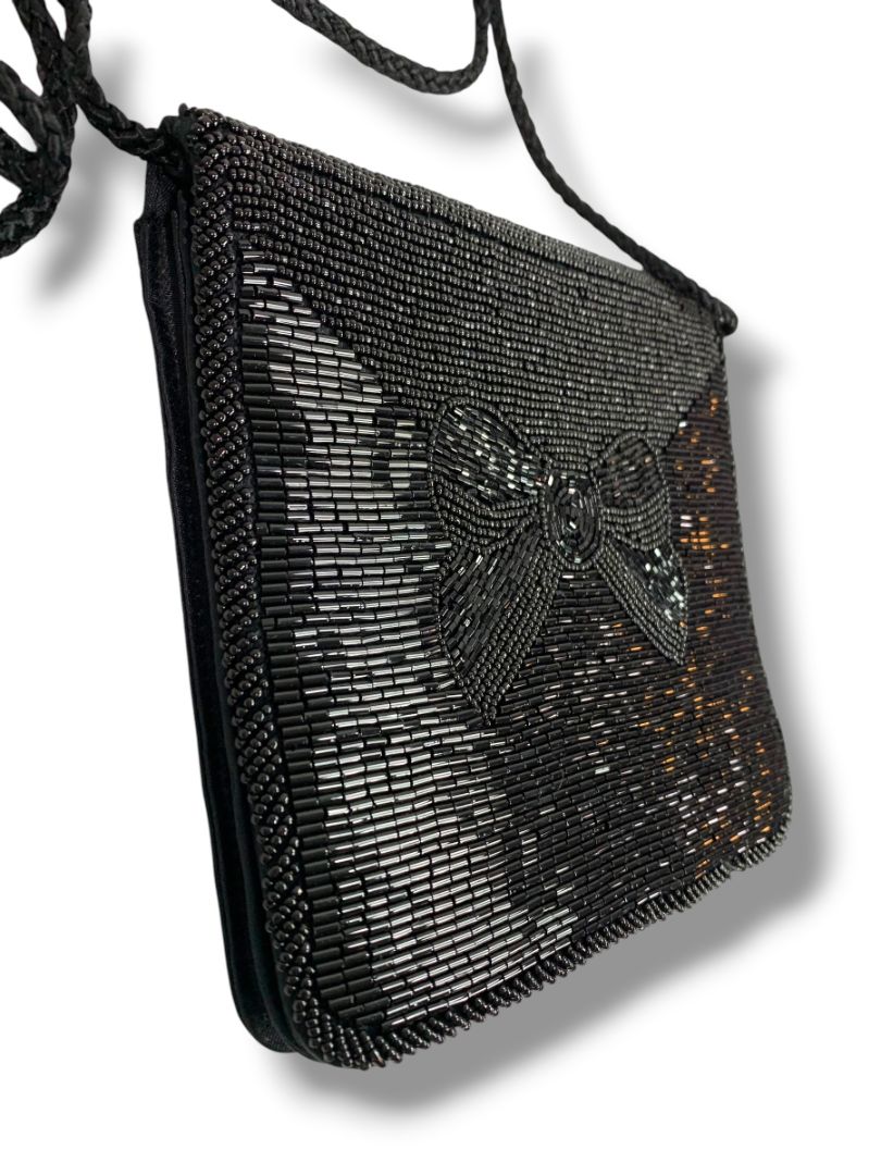 Andre Cellini Black Evening Bag Shoulder Strap Beaded Flap Satin