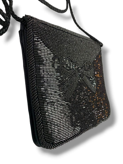 Andre Cellini Black Evening Bag Shoulder Strap Beaded Flap Satin