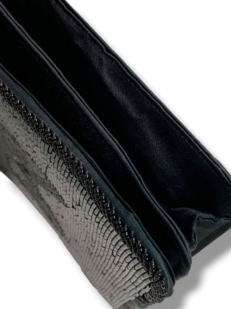 Andre Cellini Black Evening Bag Shoulder Strap Beaded Flap Satin