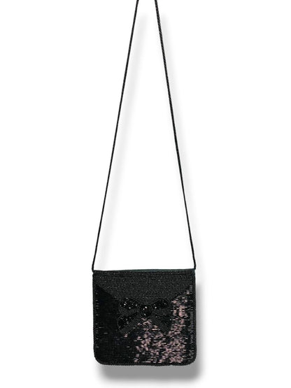 Andre Cellini Black Evening Bag Shoulder Strap Beaded Flap Satin