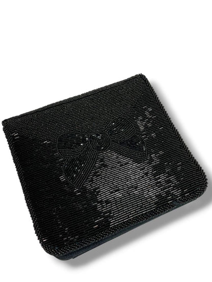Andre Cellini Black Evening Bag Shoulder Strap Beaded Flap Satin