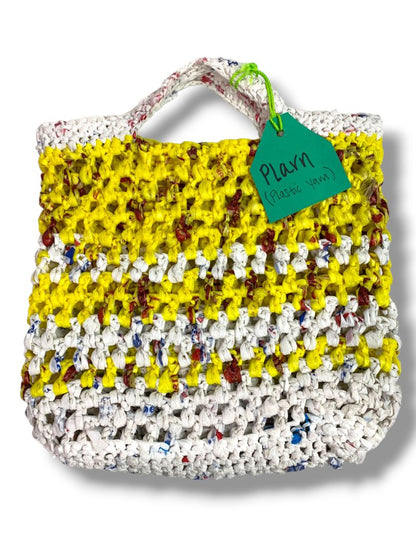 Crocheted Plastic Yarn Plarn Small Tote Bag Yellow White 10"h x 11"l New Handmade