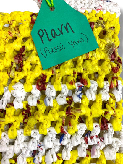 Crocheted Plastic Yarn Plarn Small Tote Bag Yellow White 10"h x 11"l New Handmade