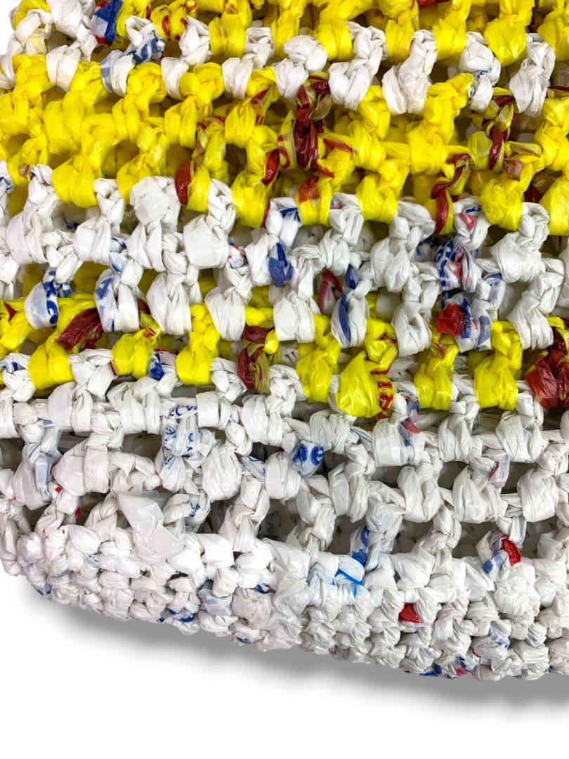 Crocheted Plastic Yarn Plarn Small Tote Bag Yellow White 10"h x 11"l New Handmade