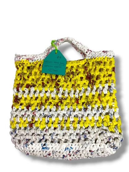 Crocheted Plastic Yarn Plarn Small Tote Bag Yellow White 10"h x 11"l New Handmade
