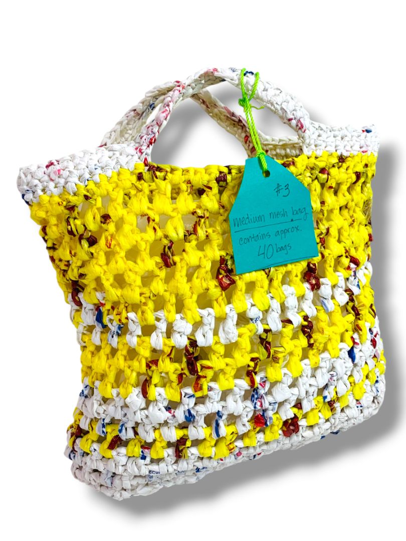 Crocheted Plastic Yarn Plarn Small Tote Bag Yellow White 10"h x 11"l New Handmade