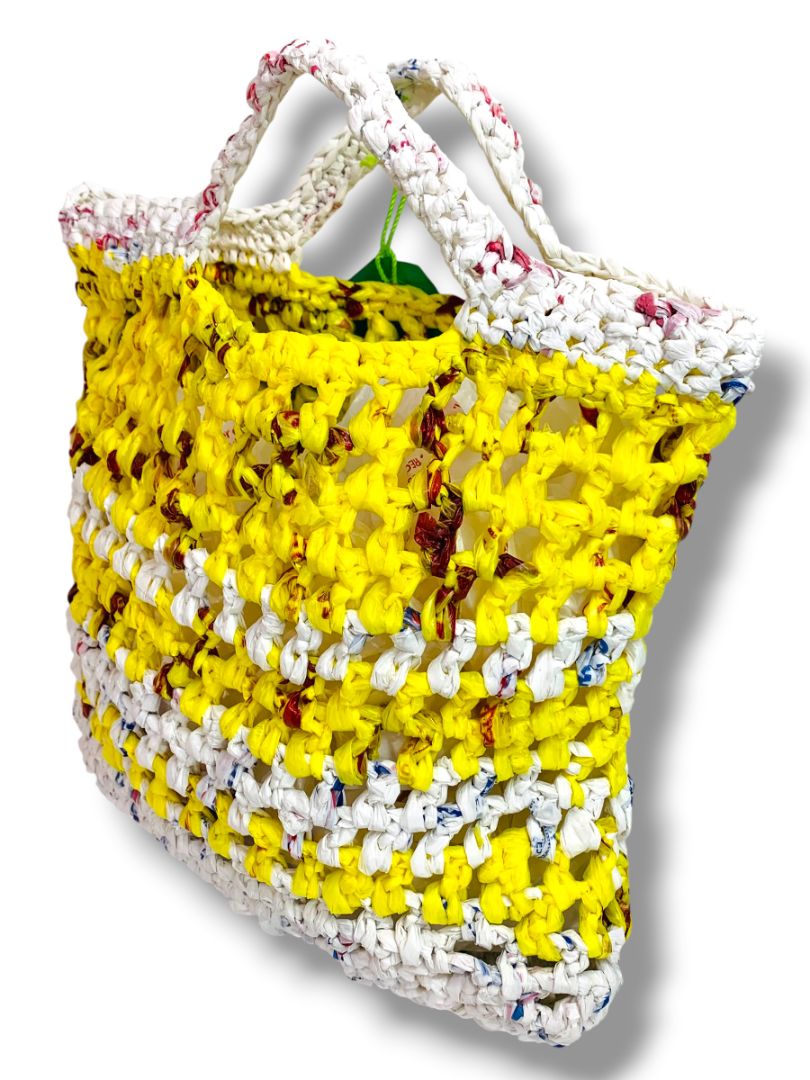Crocheted Plastic Yarn Plarn Small Tote Bag Yellow White 10"h x 11"l New Handmade