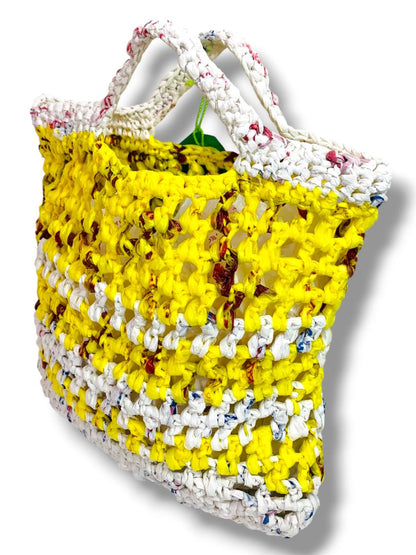 Crocheted Plastic Yarn Plarn Small Tote Bag Yellow White 10"h x 11"l New Handmade