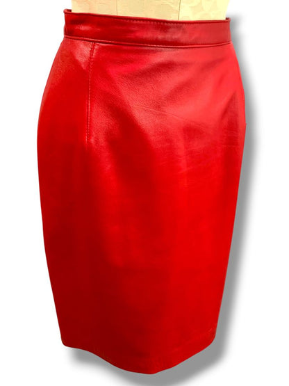 Size 9 Maxima Junior Womens Red Leather Knee Length Skirt Side Zip
