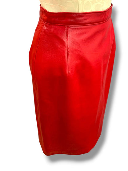 Size 9 Maxima Junior Womens Red Leather Knee Length Skirt Side Zip