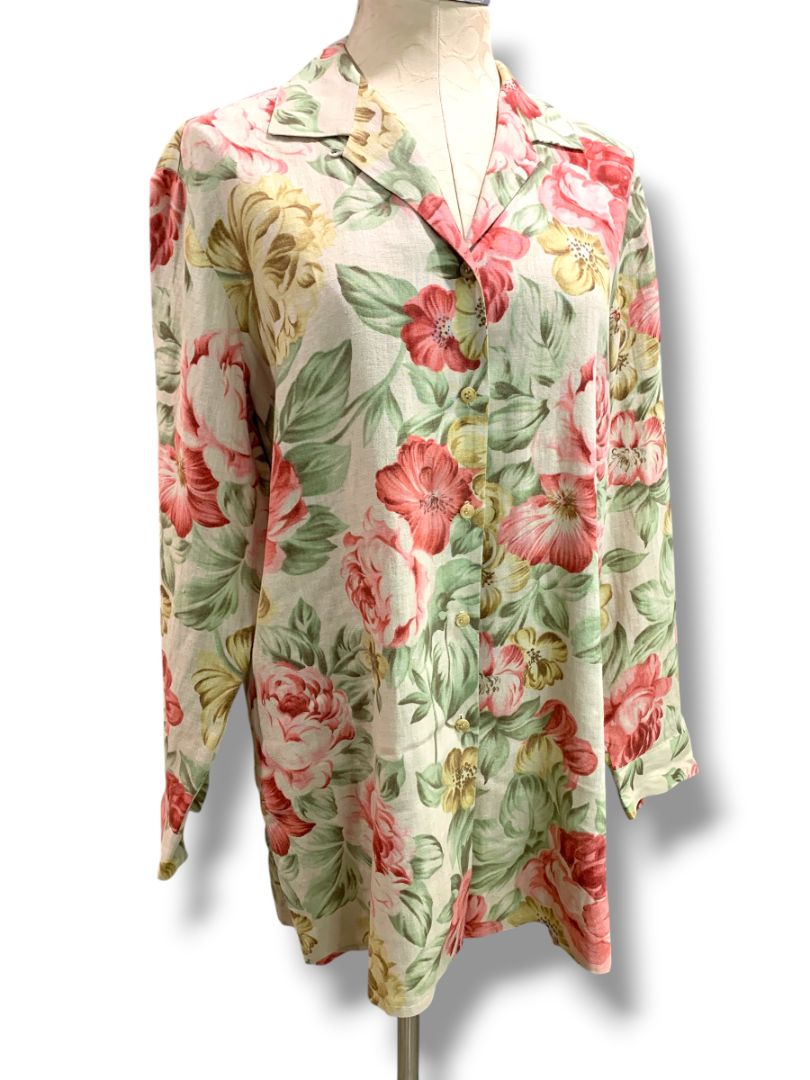 Size 8 Dana Buchman Womens Linen Shirt Tunic Dress Button Up Rose Print