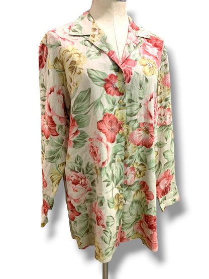 Size 8 Dana Buchman Womens Linen Shirt Tunic Dress Button Up Rose Print