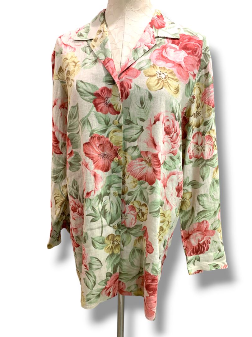 Size 8 Dana Buchman Womens Linen Shirt Tunic Dress Button Up Rose Print