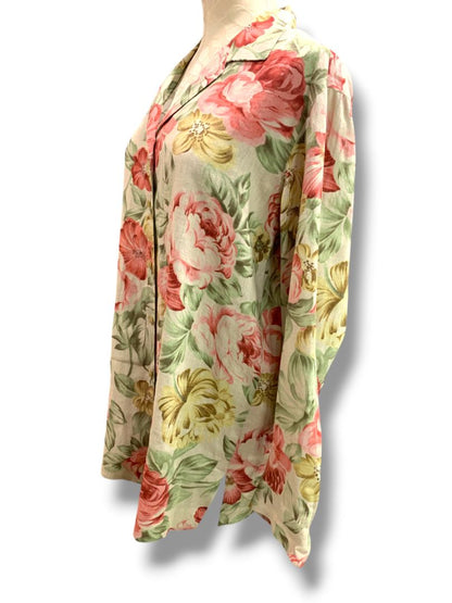 Size 8 Dana Buchman Womens Linen Shirt Tunic Dress Button Up Rose Print