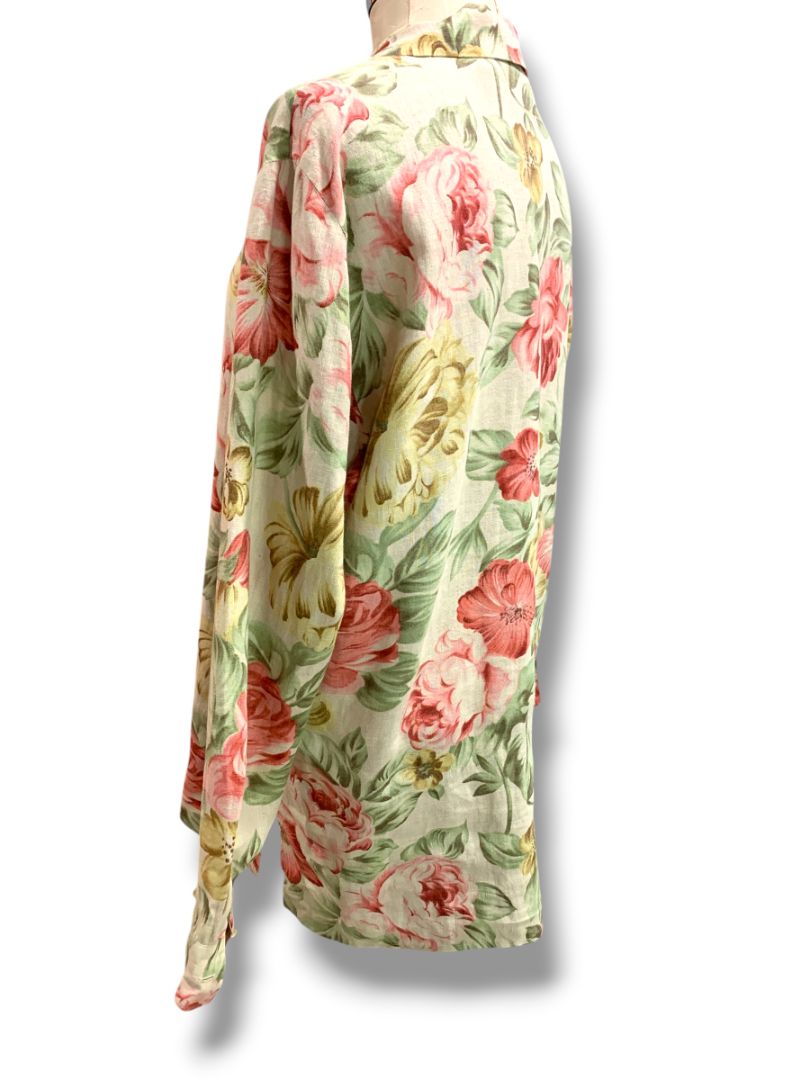 Size 8 Dana Buchman Womens Linen Shirt Tunic Dress Button Up Rose Print