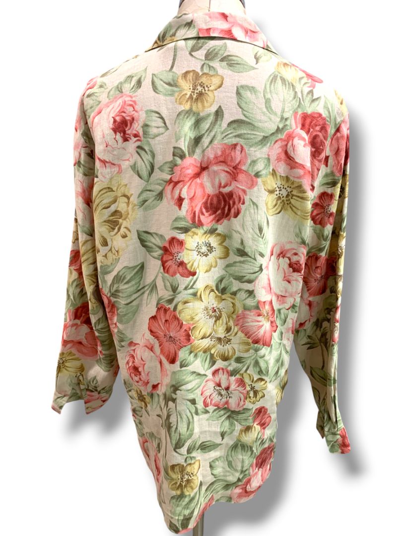 Size 8 Dana Buchman Womens Linen Shirt Tunic Dress Button Up Rose Print
