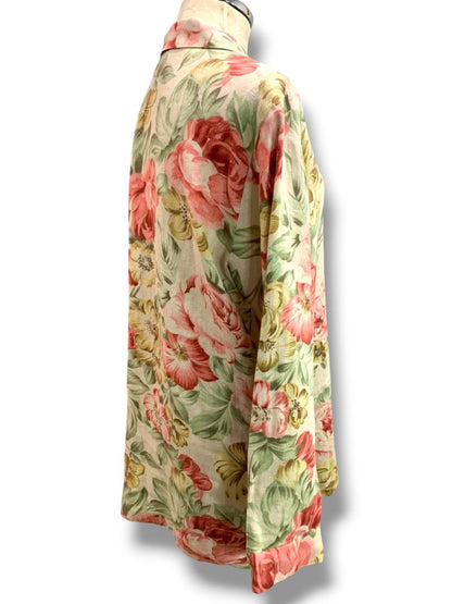 Size 8 Dana Buchman Womens Linen Shirt Tunic Dress Button Up Rose Print