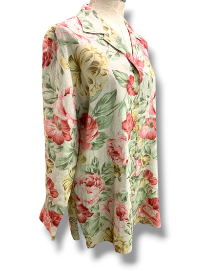 Size 8 Dana Buchman Womens Linen Shirt Tunic Dress Button Up Rose Print