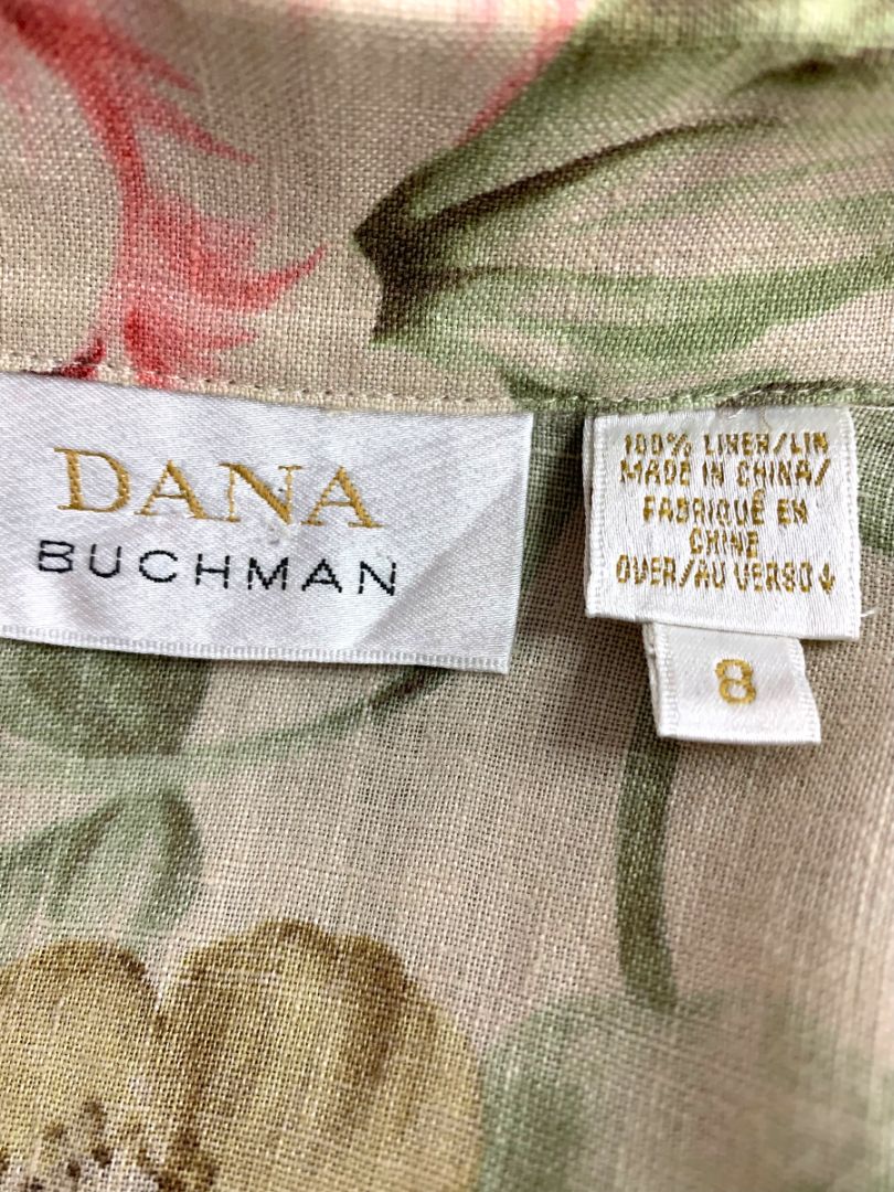 Size 8 Dana Buchman Womens Linen Shirt Tunic Dress Button Up Rose Print