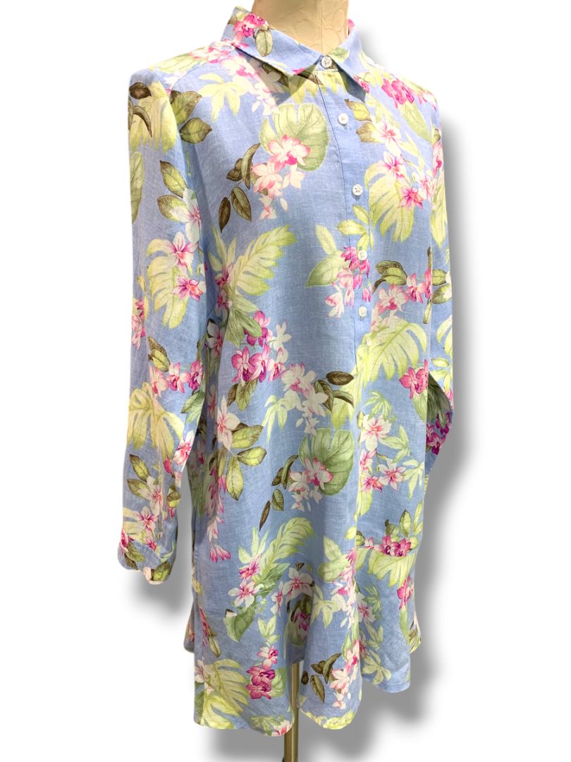 Medium Tommy Bahama Coastalina Orchid Dreams Flounce Linen Shirt Dress