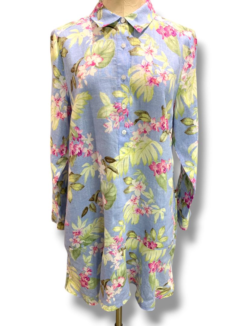 Medium Tommy Bahama Coastalina Orchid Dreams Flounce Linen Shirt Dress