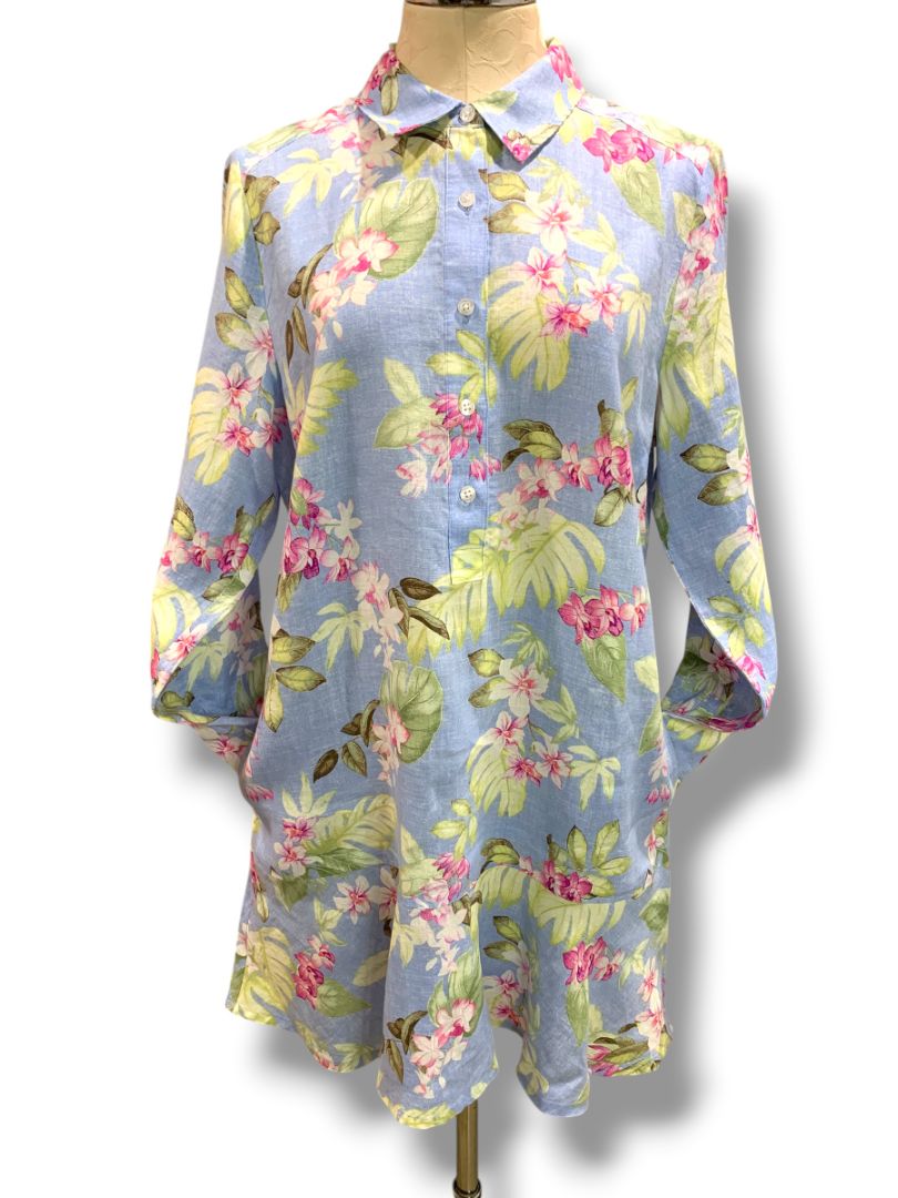 Medium Tommy Bahama Coastalina Orchid Dreams Flounce Linen Shirt Dress