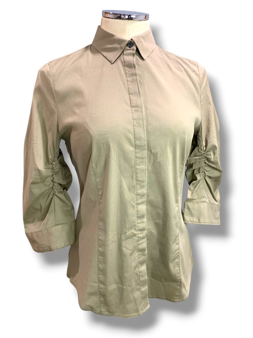 Size 6 Ann Taylor Womens Brown Stretch Button Up Shirt Ruched Sleeve