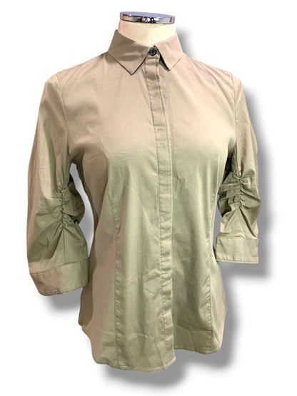 Size 6 Ann Taylor Womens Brown Stretch Button Up Shirt Ruched Sleeve