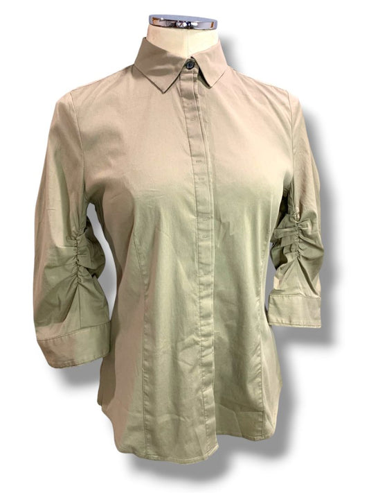 Size 6 Ann Taylor Womens Brown Stretch Button Up Shirt Ruched Sleeve