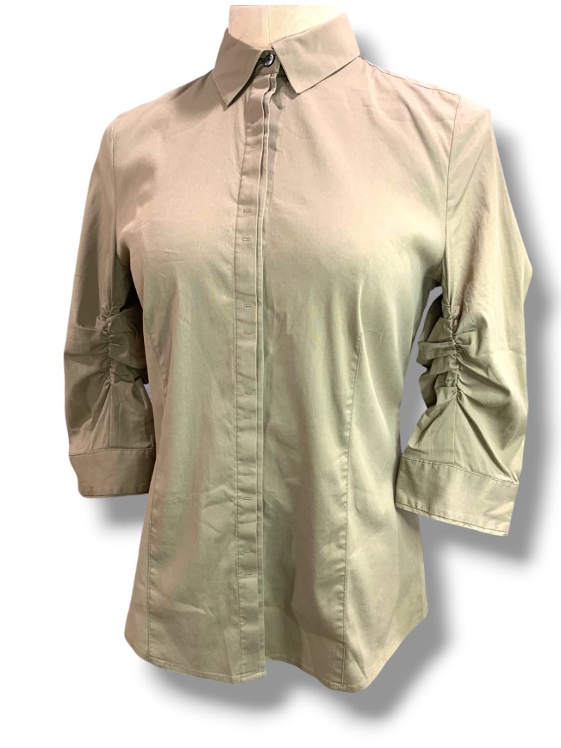 Size 6 Ann Taylor Womens Brown Stretch Button Up Shirt Ruched Sleeve