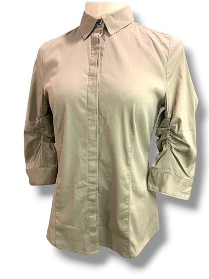 Size 6 Ann Taylor Womens Brown Stretch Button Up Shirt Ruched Sleeve