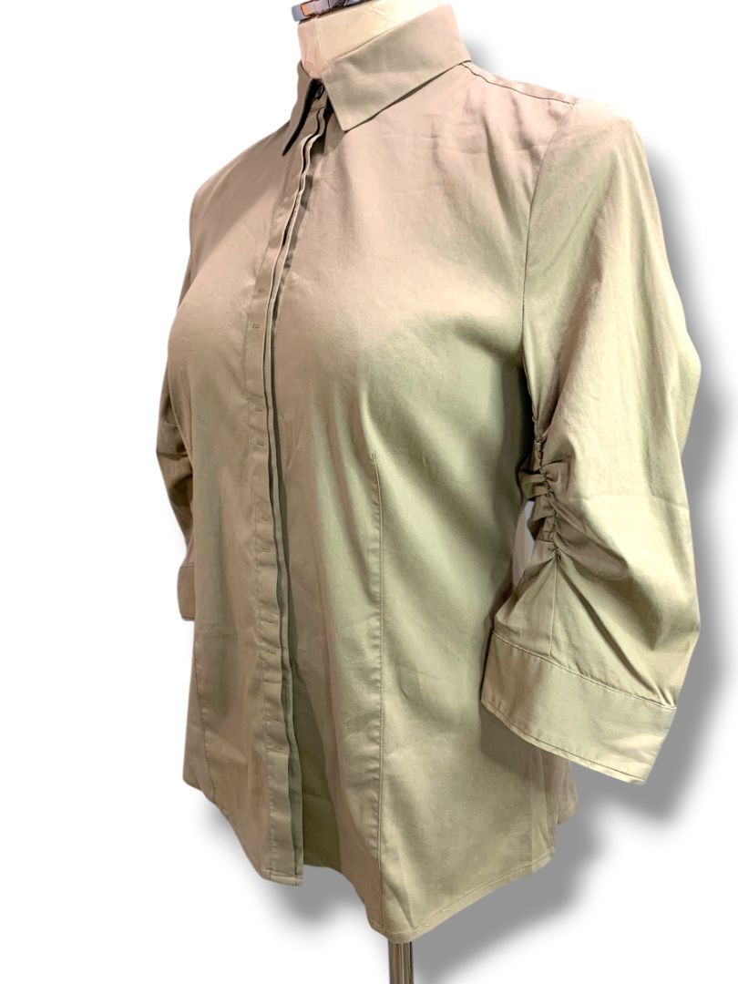 Size 6 Ann Taylor Womens Brown Stretch Button Up Shirt Ruched Sleeve