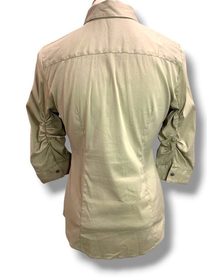 Size 6 Ann Taylor Womens Brown Stretch Button Up Shirt Ruched Sleeve