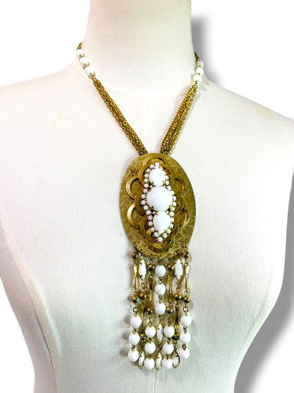 1980s Goldtone Statement Necklace White Beads 19" with 5.5" Drop Pendant